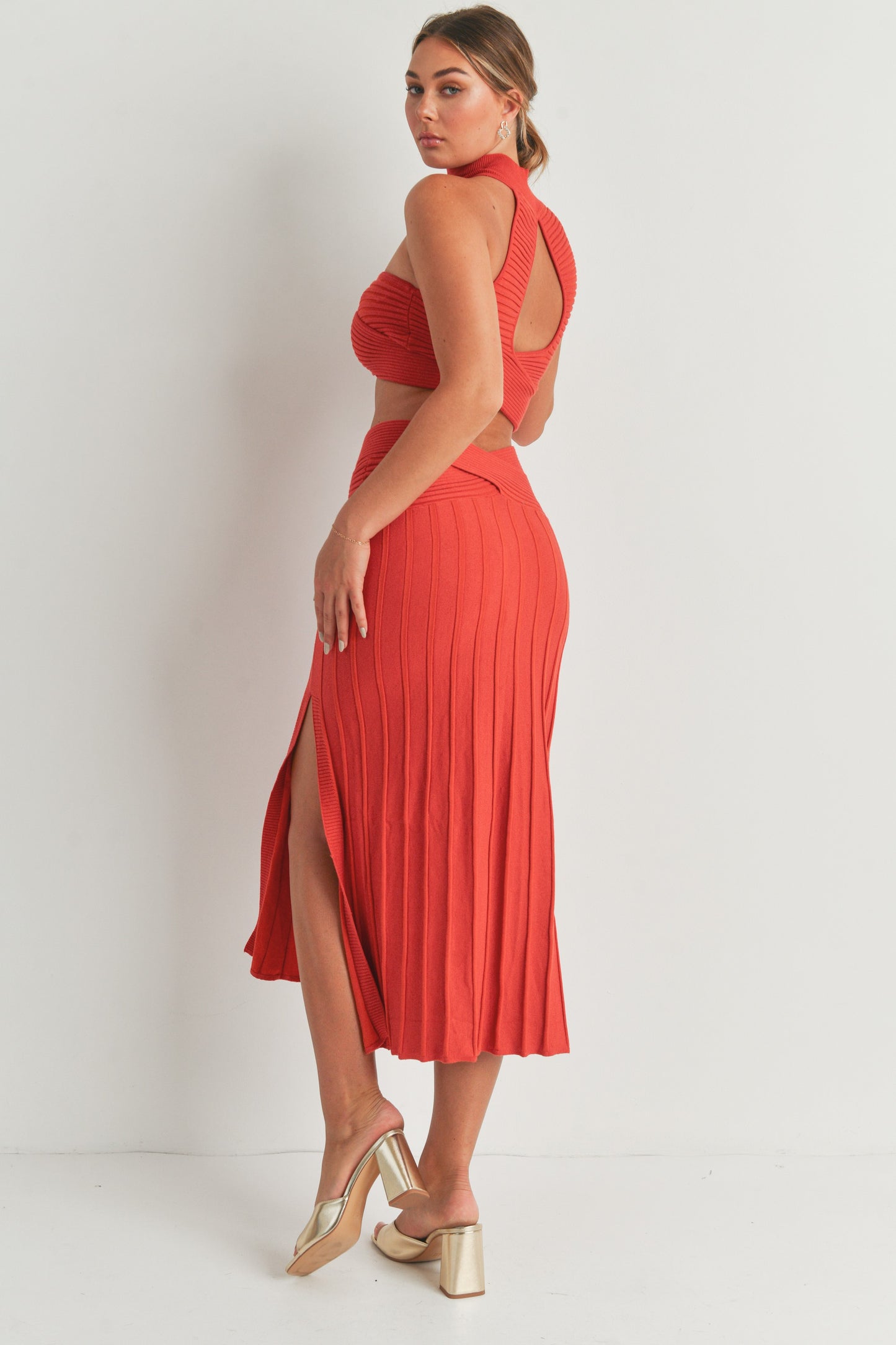 Reverse Halter Crop Top and Midi Slit Skirt Set - 2 Piece Set