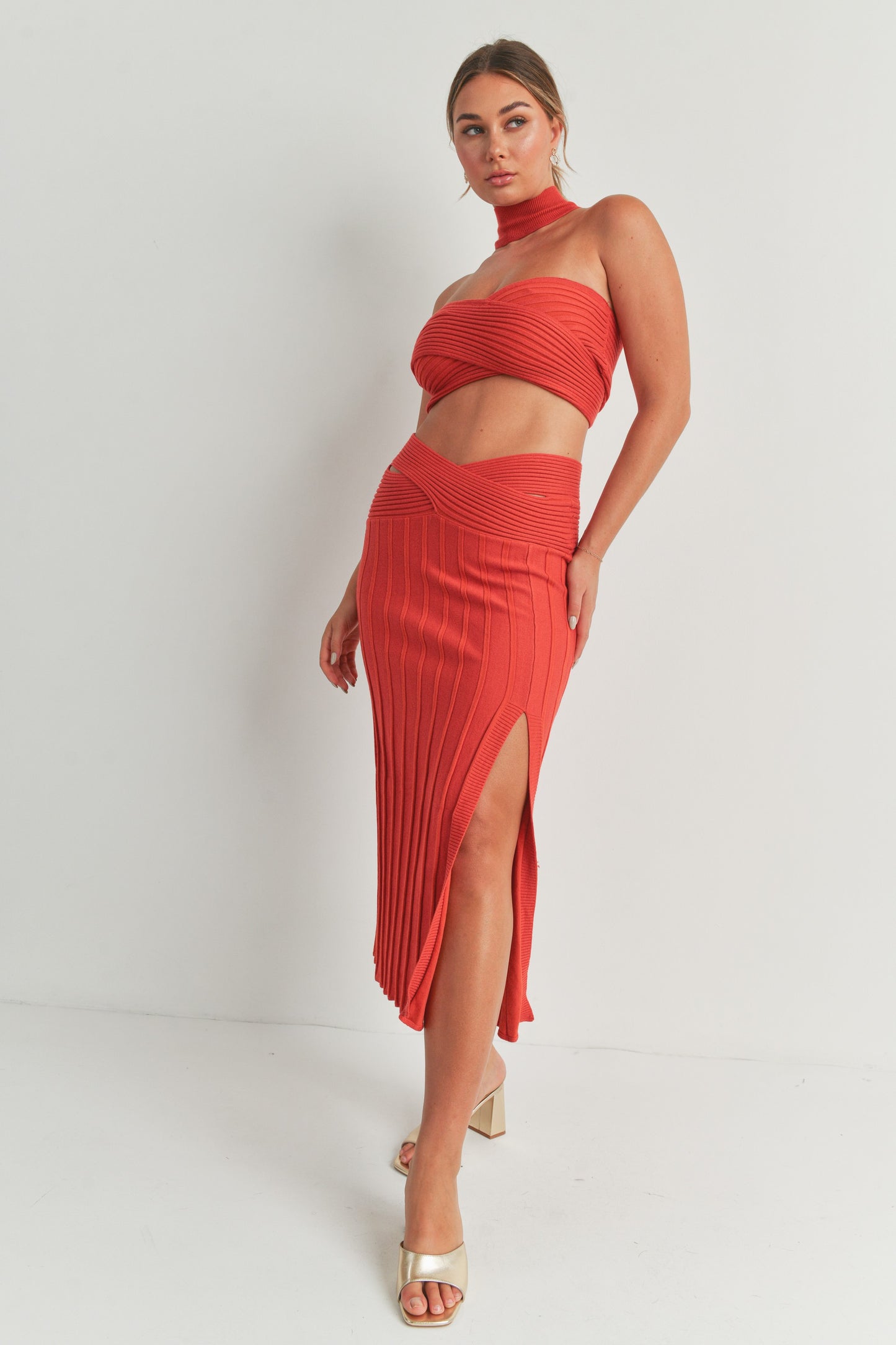 Reverse Halter Crop Top and Midi Slit Skirt Set - 2 Piece Set