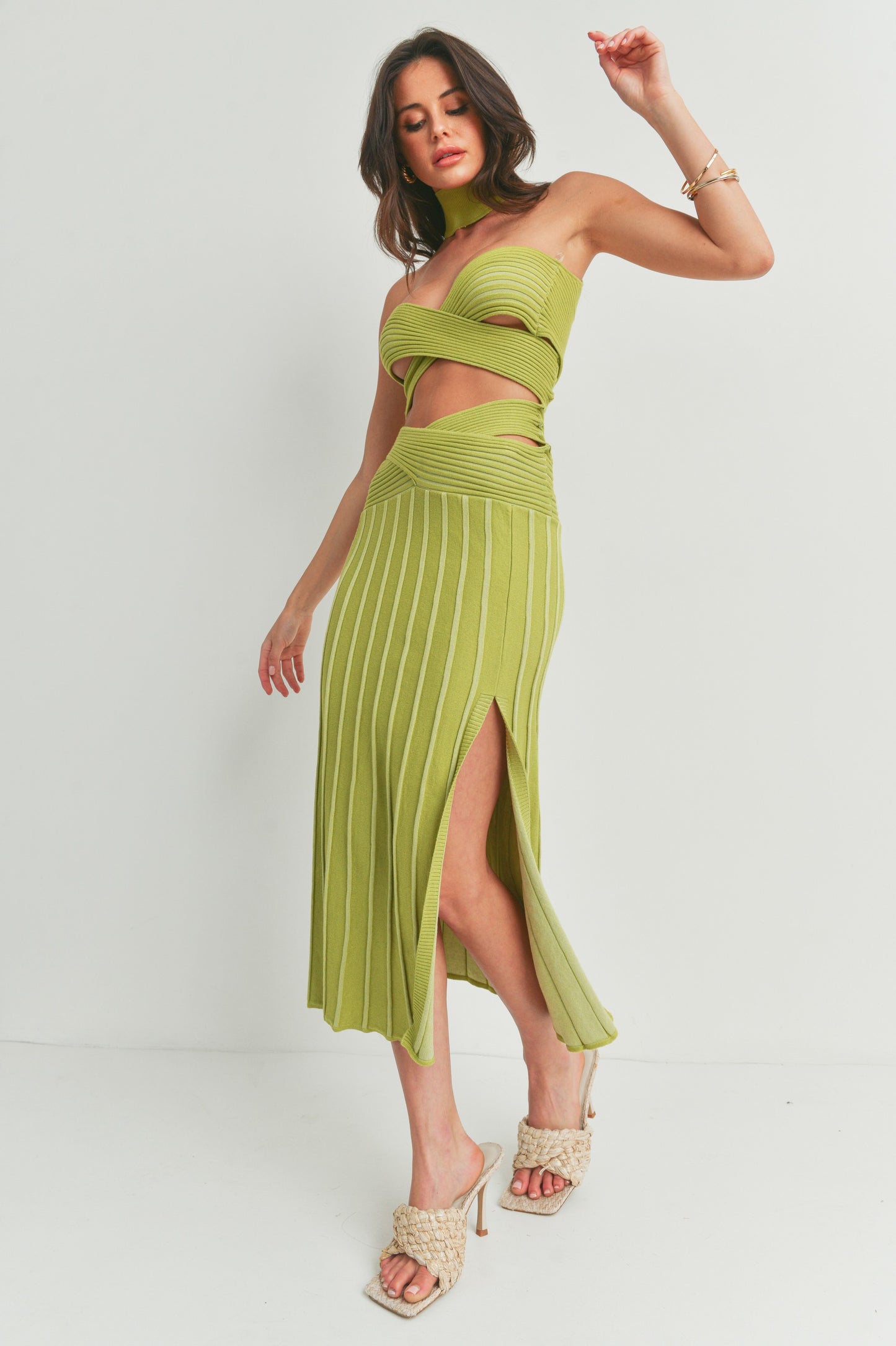 Reverse Halter Crop Top and Midi Slit Skirt Set - 2 Piece Set