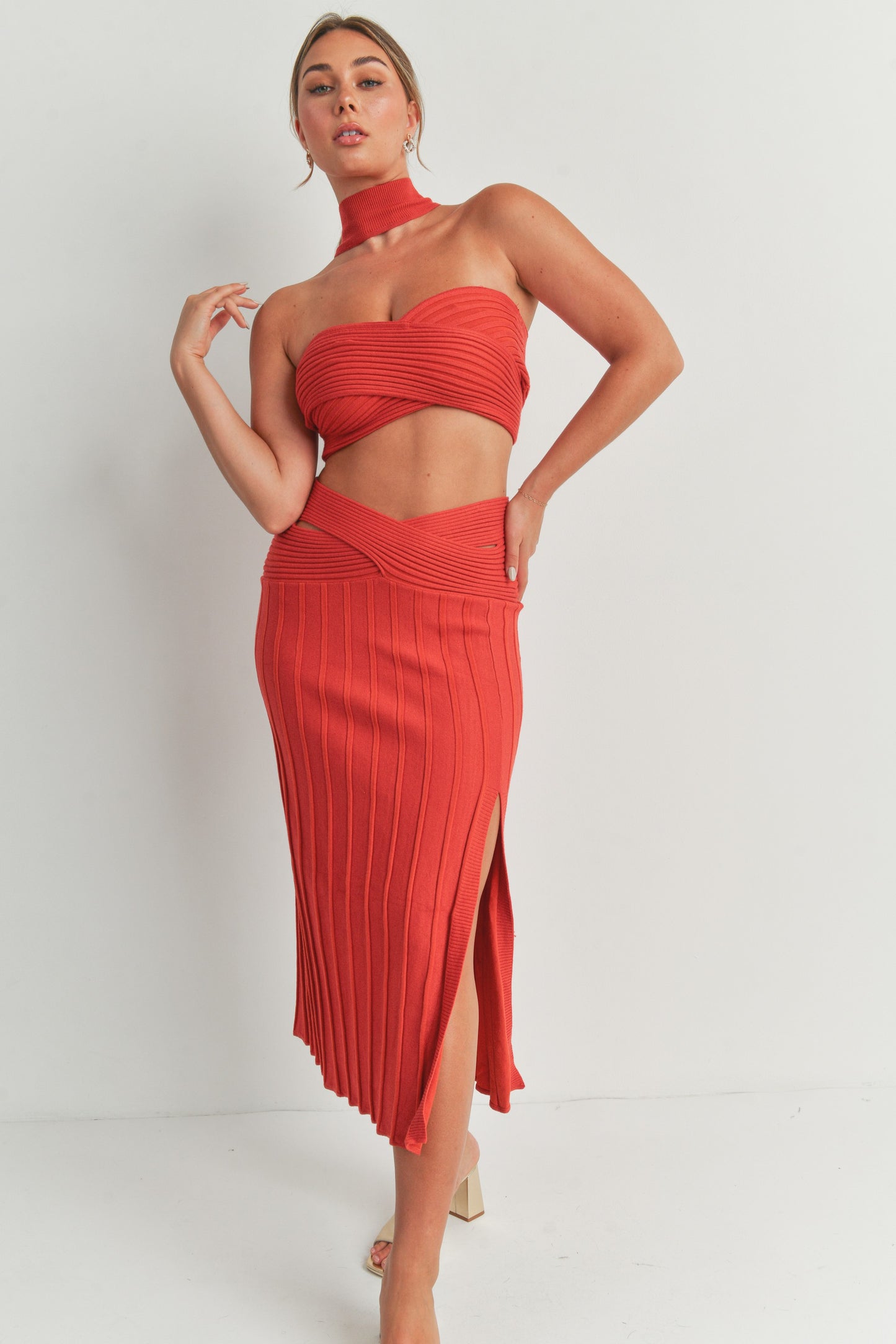 Reverse Halter Crop Top and Midi Slit Skirt Set - 2 Piece Set