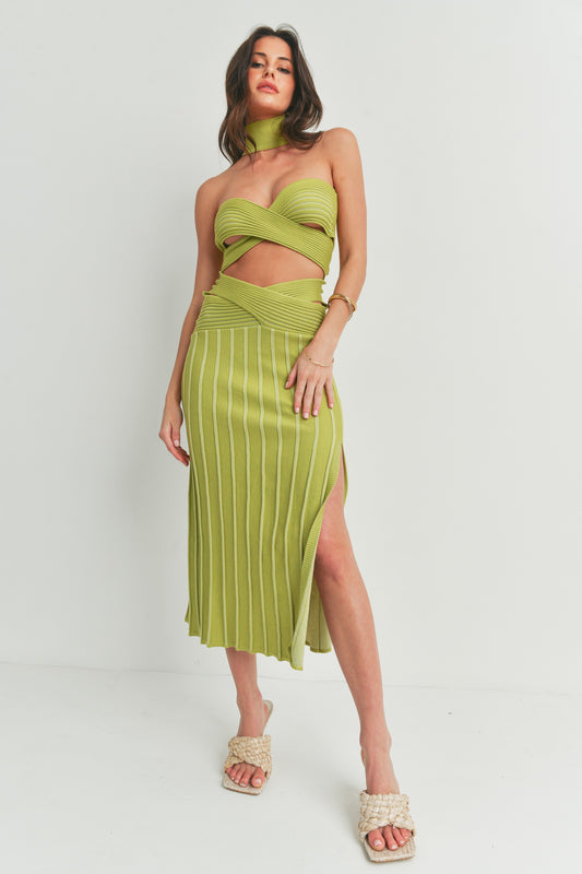 Reverse Halter Crop Top and Midi Slit Skirt Set - 2 Piece Set