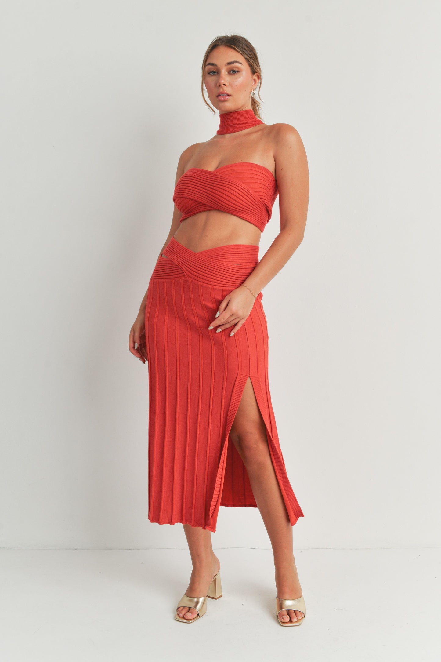 Reverse Halter Crop Top and Midi Slit Skirt Set - 2 Piece Set