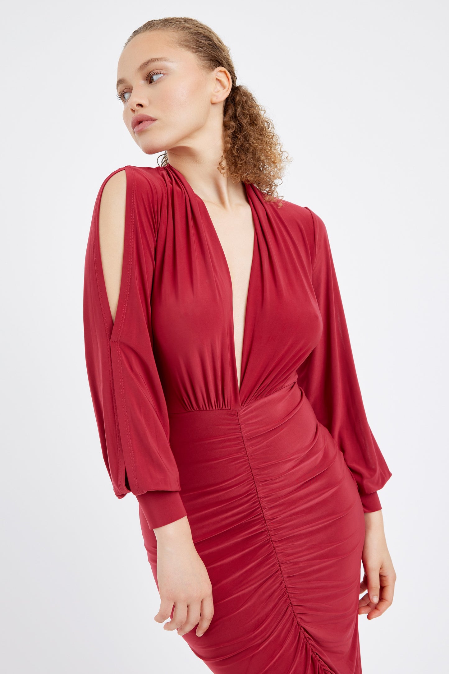 Deep V-Neck Ruched Long Dress