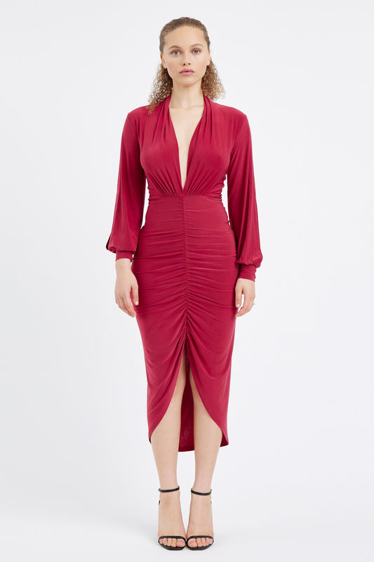 Deep V-Neck Ruched Long Dress