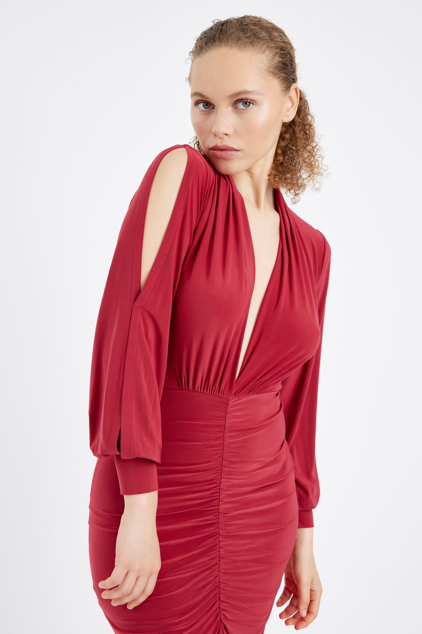 Deep V-Neck Ruched Long Dress